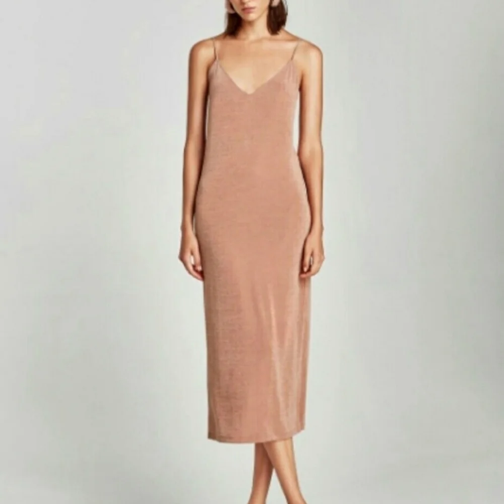 Zara Women's V-Neck Midi Slip Dress Adjustable Straps, Beige Color, SMALL